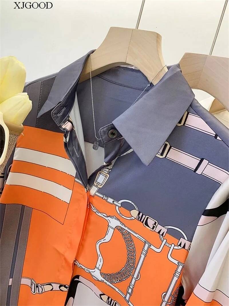 ZAROY S-3XL Imitation Silk Slim Shirts Women Orange Grey Print Fashion Blouses Lady Top Luxury Brand Design Shirt camisas