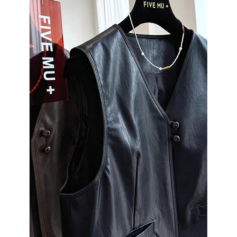 Spring Autumn Retro Style Fashion Womens Suit Vest Jacket Sleeveless Korean Version Ladies Leather WaistCoat Coat 260306