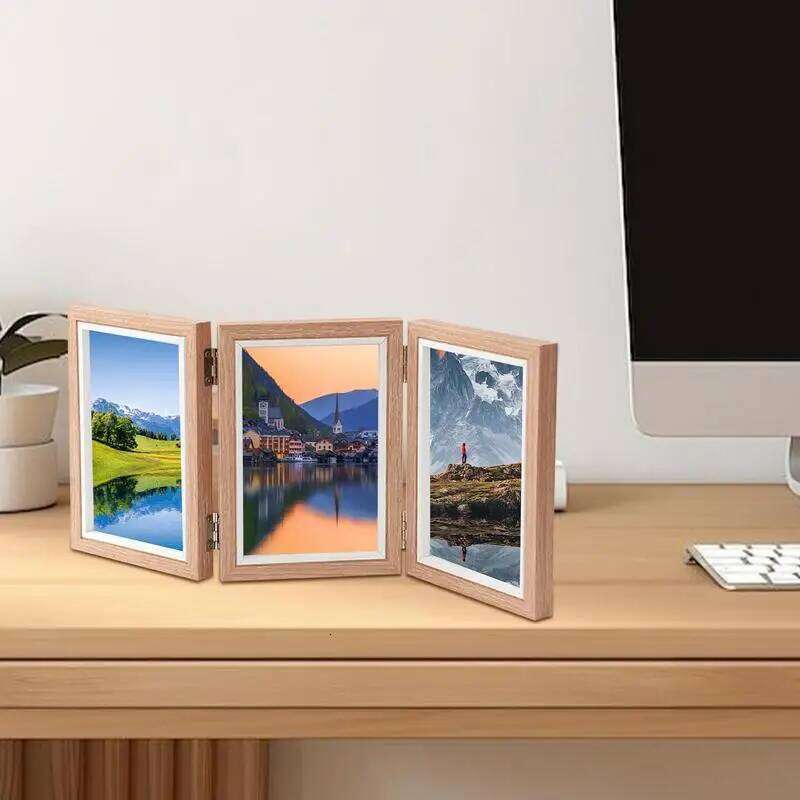 Rustic Triple Family Picture Hinged Folding Collage Frame 4x6 Three Opening Photo H260306