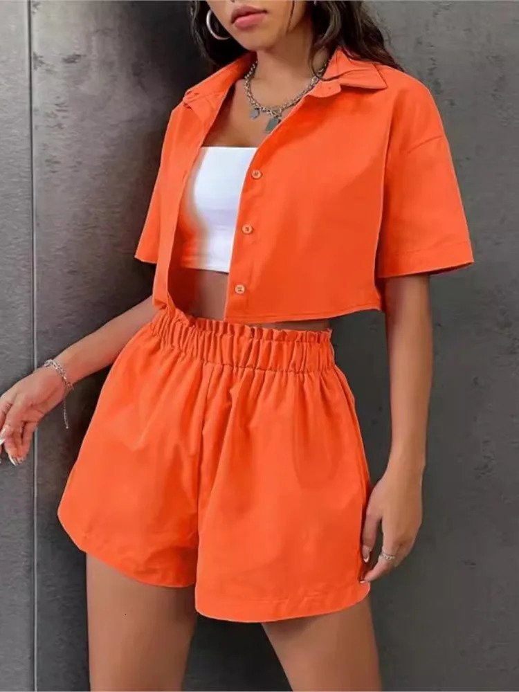 Summer Twopiece Sets For Women Cotton Short Sleeve Button Shirt Shorts Casual Sweet Style Suits Solid Color 2 Piece Set 260306