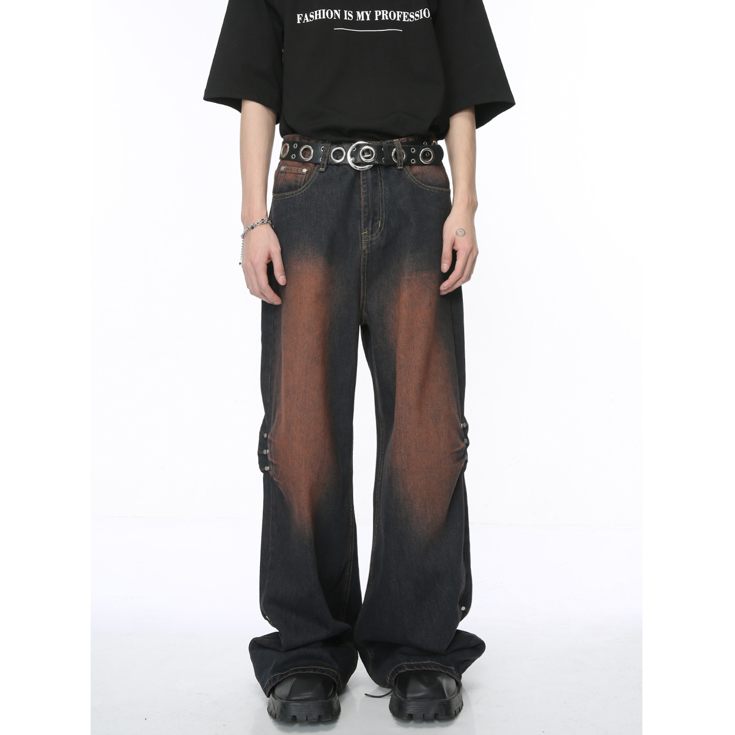 Punk Rhinestone embellished black jeans Y2k American streetwear loose wide leg jeans men 250508