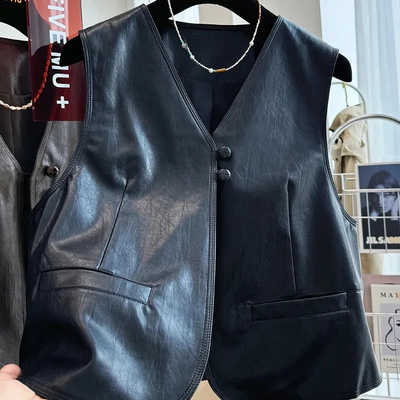 Spring Autumn Retro Style Fashion Womens Suit Vest Jacket Sleeveless Korean Version Ladies Leather WaistCoat Coat 260306