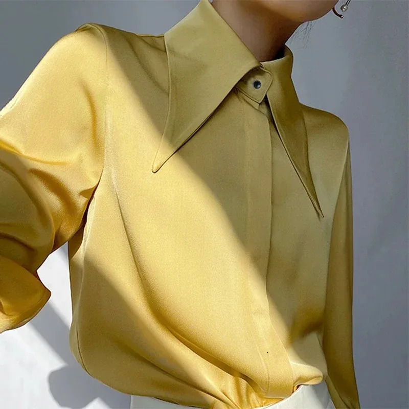 Fashion Vintage Satin Silk Shirt Women Elegant Turn Down Collar Blouse White Long Sleeve Ladies Shirts Tops Blusas 169 260228
