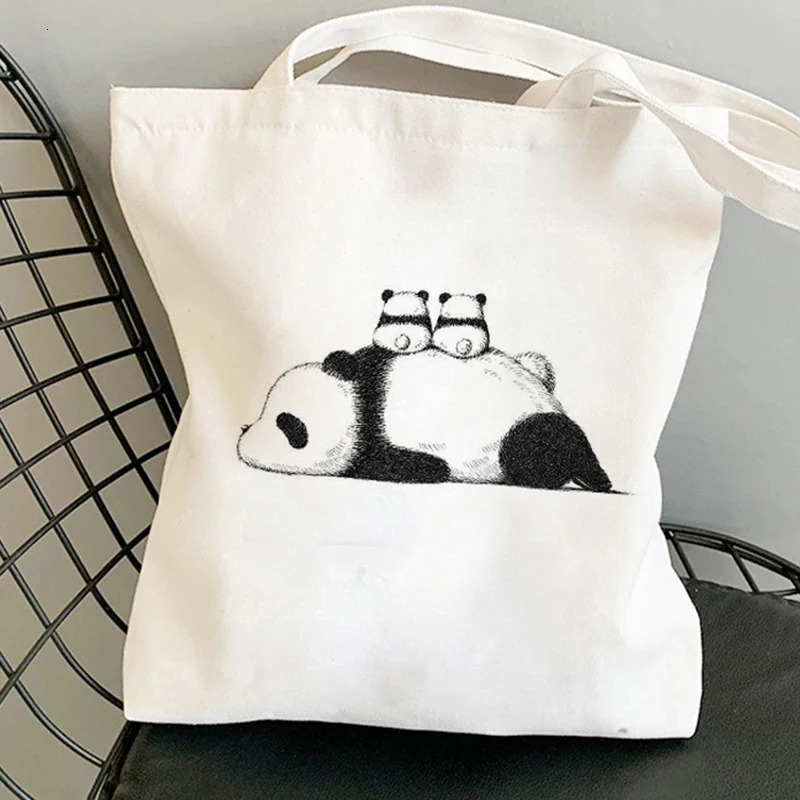 Cartoon Panda Canvas Shoulder Bag Cute Minimalist Pandas Tote Handbag Womens Casual for Shopping Travel Daily 260307