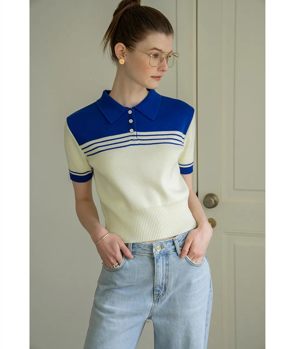 Spring Summer Womens Short Sleeve Polo Neck TShirt Slim Fit Knitted Wool Fashionable Casual Top for Ladies 260228