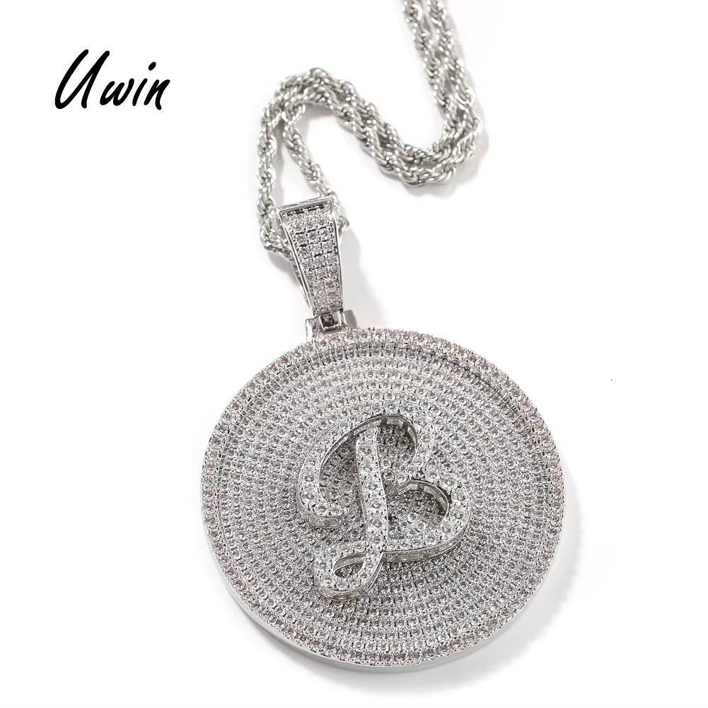 UWIN Iced Out CZ Capital Letter Round Plate Initial Pendant Customized 5cm Alphabet Pendant Hip Hop Jewelry for Woman Man