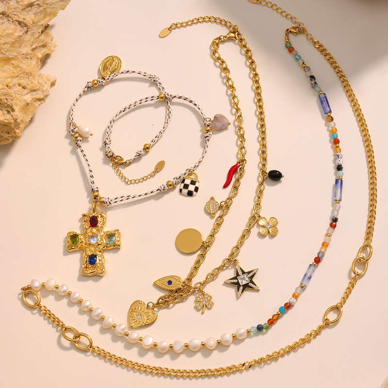 Women's Vintage Bohemian Necklace: Stainless Steel Cross Pendant Multi-accessory Freshwater Pearl Natural Stone Long Necklace Layered Unisex Part