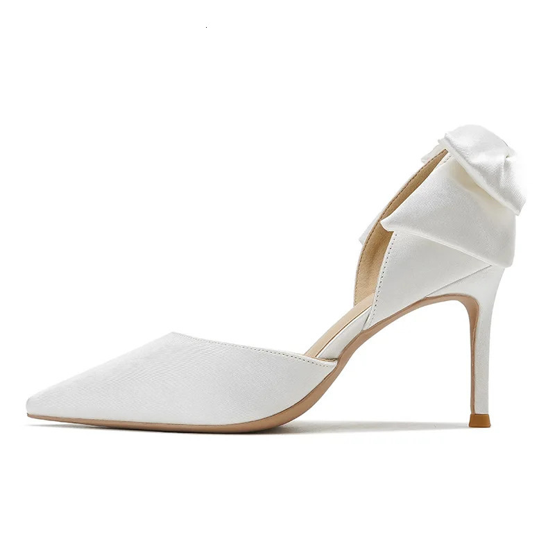 Solid Color Fashion Stiletto Bow Hollow Womens Wedding Shoes Womens Exquisite Shallow Mouth Satin High Heels 260306