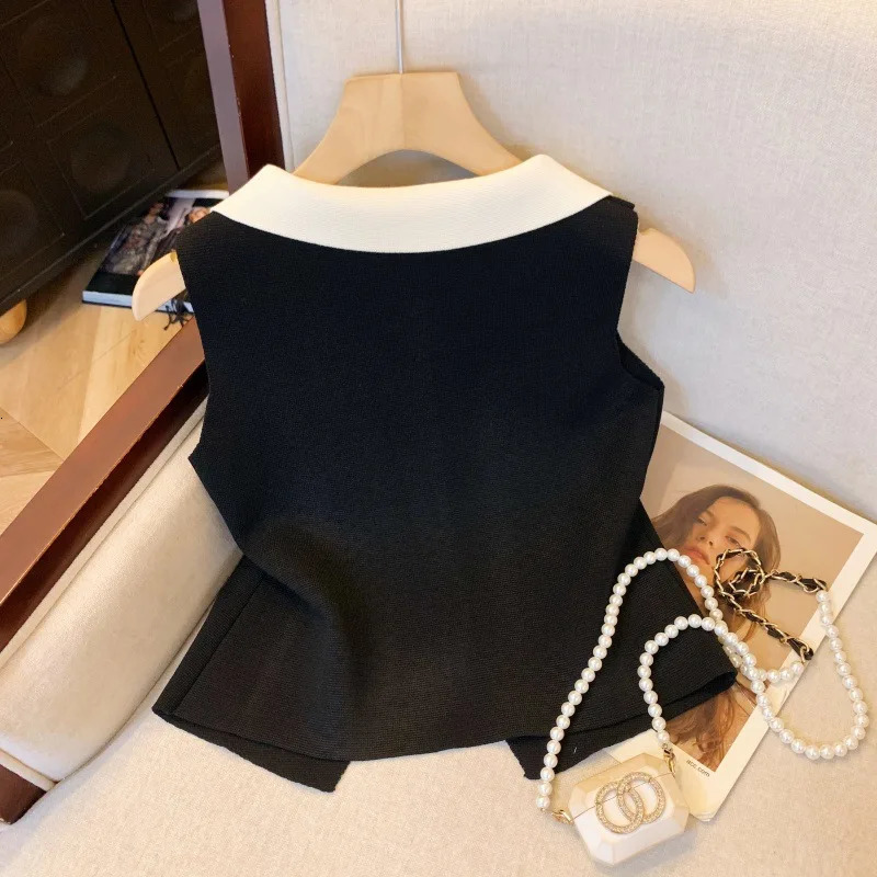 Women French Color Block Sleeveless Vest VNeck Knit Tank Top Lapel Collar Elegant Preppy Cropped Waistcoat Casual 260306