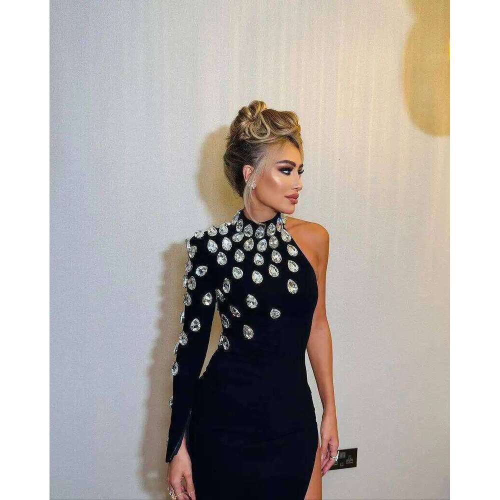 Fashion Women Celebrity Sexy Single Sleeve Rhinestone Black Maxi Long Bodycon Bandage Elegant Evening Club Party Dress