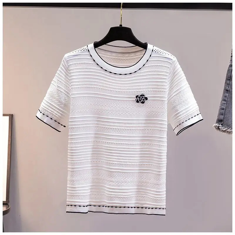 Ice Silk Knitted T Shirt Women Summer Flower Embroidery Diamond y ner Clothes Korean Fashion Casual Tshirt Short Tops 260306