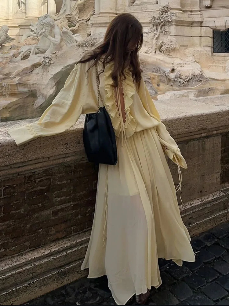 HH Female Elegant Sets Light Yellow VNeck Long Sleeves Tierred Decoration LaceUp ShirtsHigh Waist Skirt Women Suits 260306