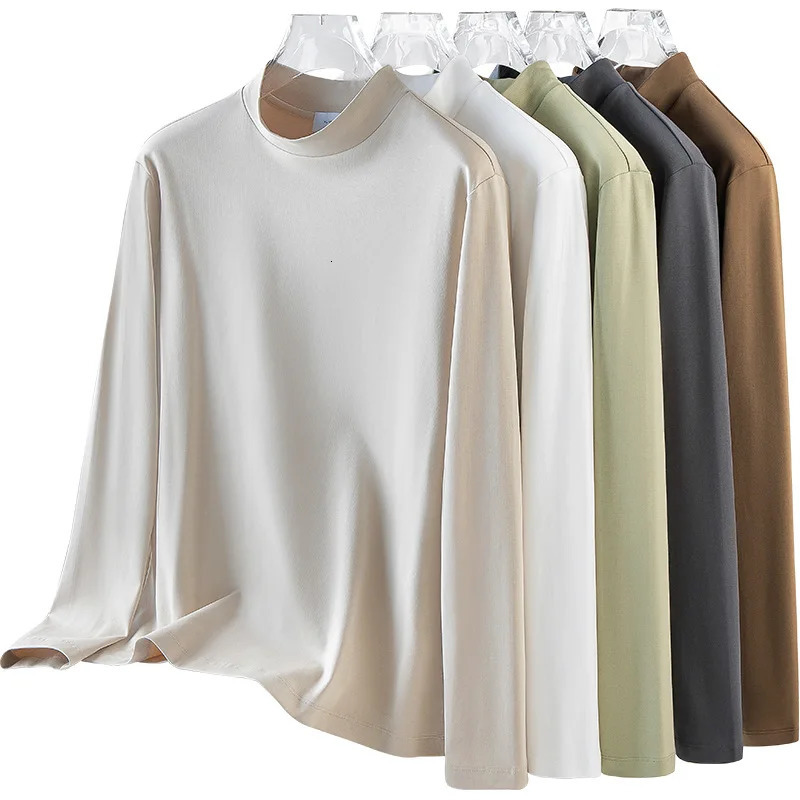 Mens High Neck Liquid Ammonia Mercerized Cotton Long Sleeve T-Shirt - Anti-Static Silky Sheen 260304