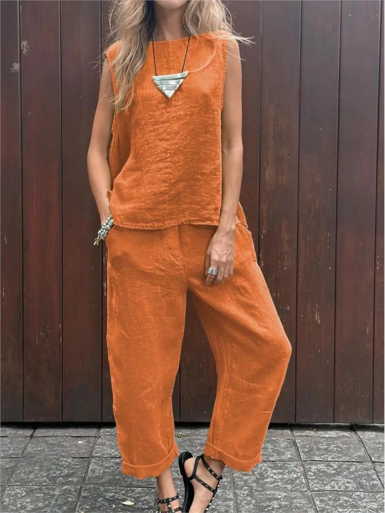 Summer Cotton And Linen Casual Outfits Female Fashion Solid Color Two-piece Set For Women Sleeveless Top Trousers Womens Suit 260304