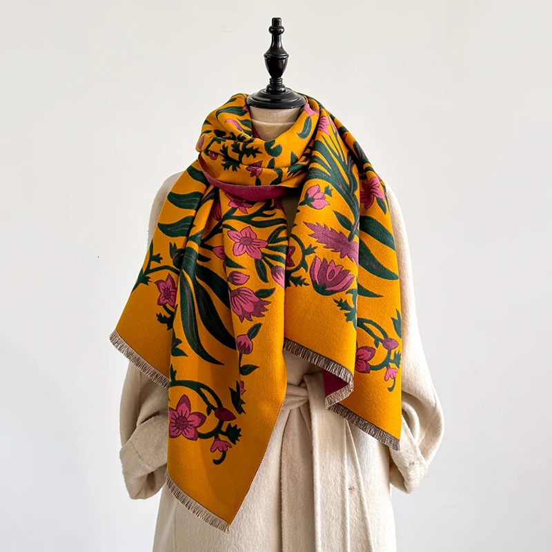 2025 Womens Winter Cashmere Scarf - Floral Printed Tasseled Pashmina Shawl Wrap Bandana Poncho 260302