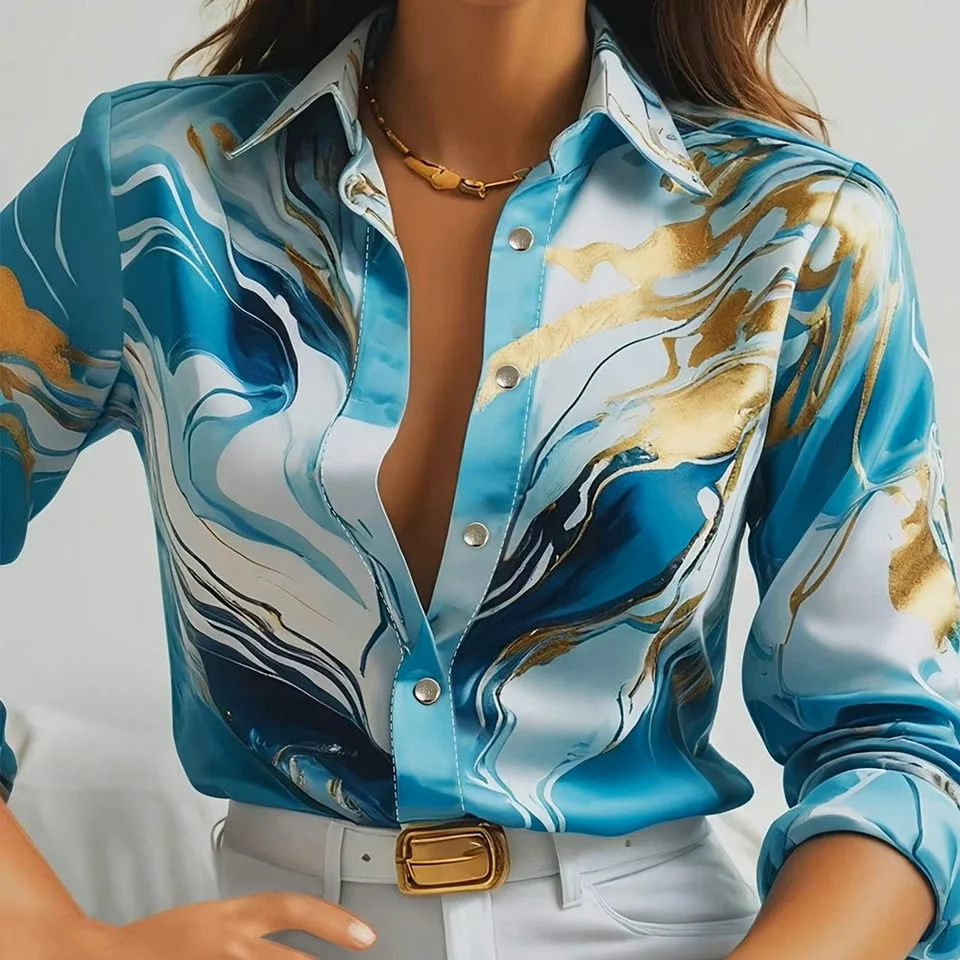 2026 Arrival Womens Premium Printed Shirt Long Sleeve Early Autumn Lapel SlimFit Elegant Blouse for Commuting Casual 260228
