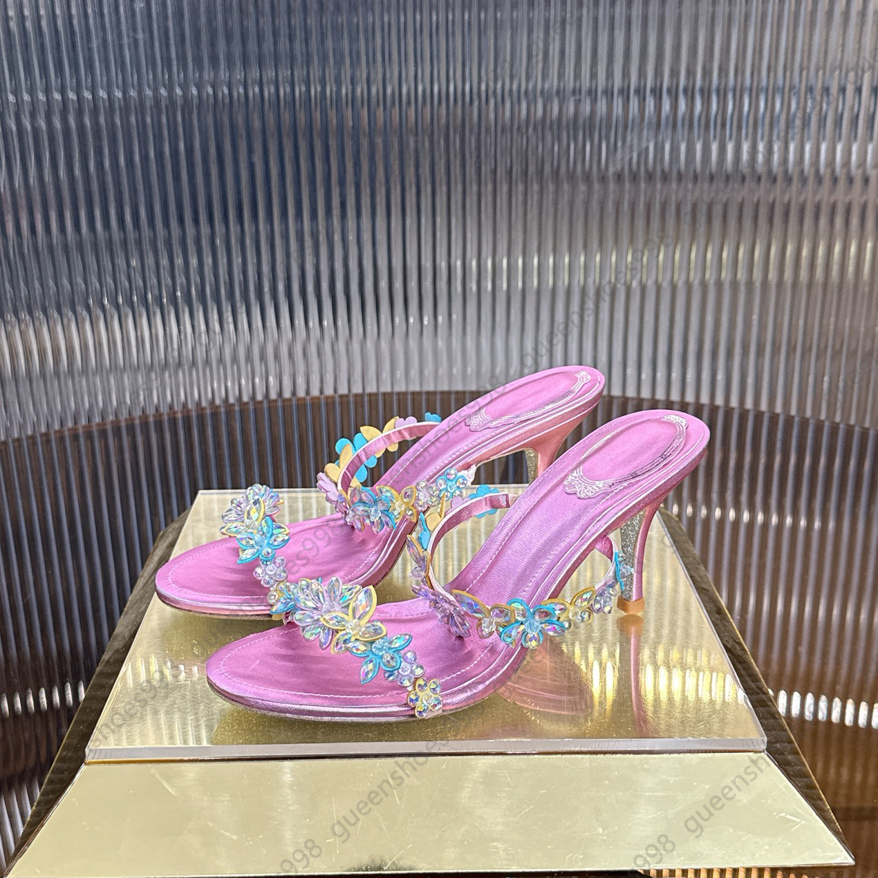 Elegant high heel slippers women, thick heeled flower crystal Bow shoes luxurious designer shoes fashion Rhinestones low heeled party sandals sizes 34-43 With Box