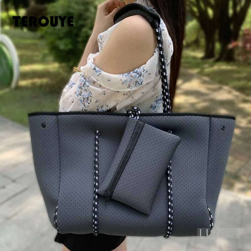 Women's Neoprene Tote Large Capacity Beach Sports Fitness Zipper Bag Summer Travel Handbag Shoulder Bags Waterproof TEROUYE