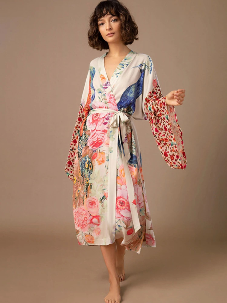 Beach Kimono for Women Peocock Printed Swimsuit Cover Up Self Belted Wrap Dresses Seaside Bathing Suits Beachwear 260228