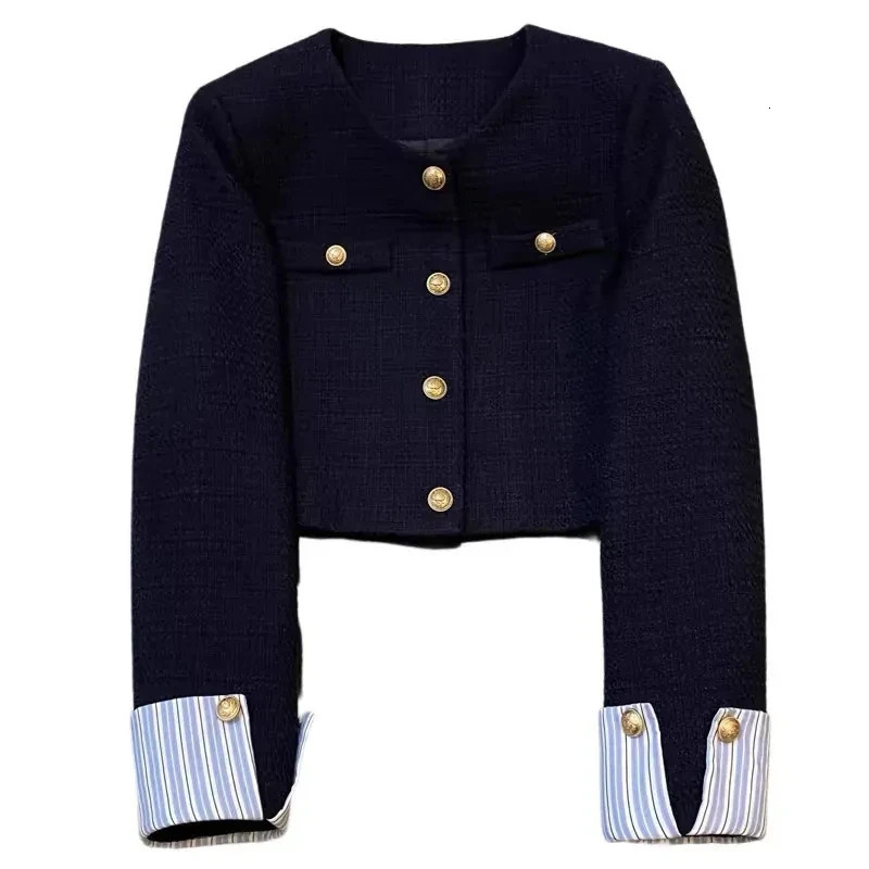 Navy Nlue Small Fragrant style Suit Jacket For women Spring autumn Round neck French Fashion Splicing Short Top 260306