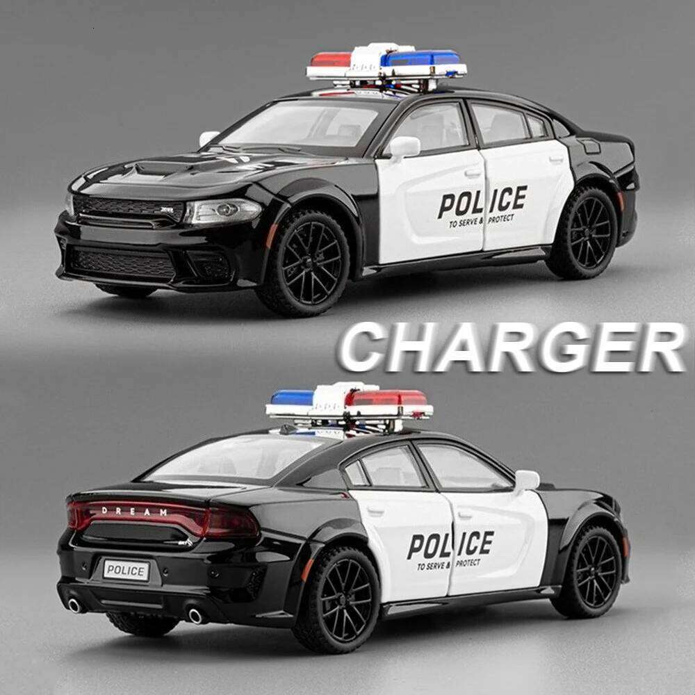 1:32 Charger Police Car Hellcat Alloy Diecast Model Toys Doors Opened Ornament Sound Light Pull Back Vehices Boy Collection Gift Z260306