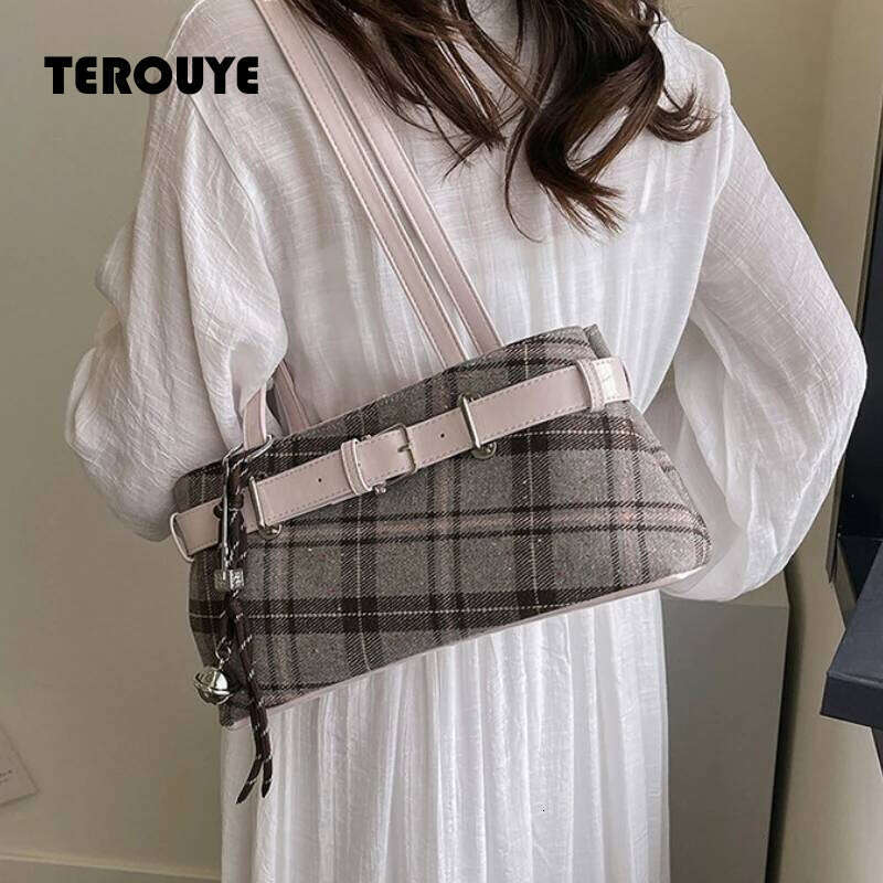 Fashionable Retro Soft PU Leather Checked Shoulder Large Capacity Hot Sale Bags For Women Zipper Cloth Women's Handbags TEROUYE