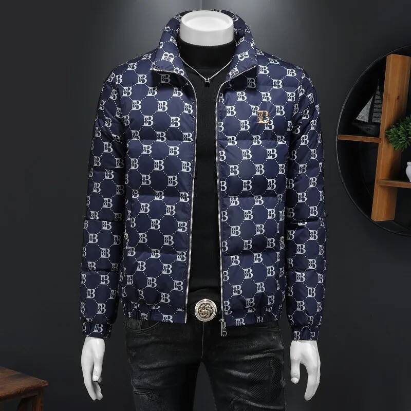 Minglu White Duck Down Stand Collar Men's Jackets Luxury Allover Printed Autumn Winter Zipper Casual Male Coats Plus Size 5XL