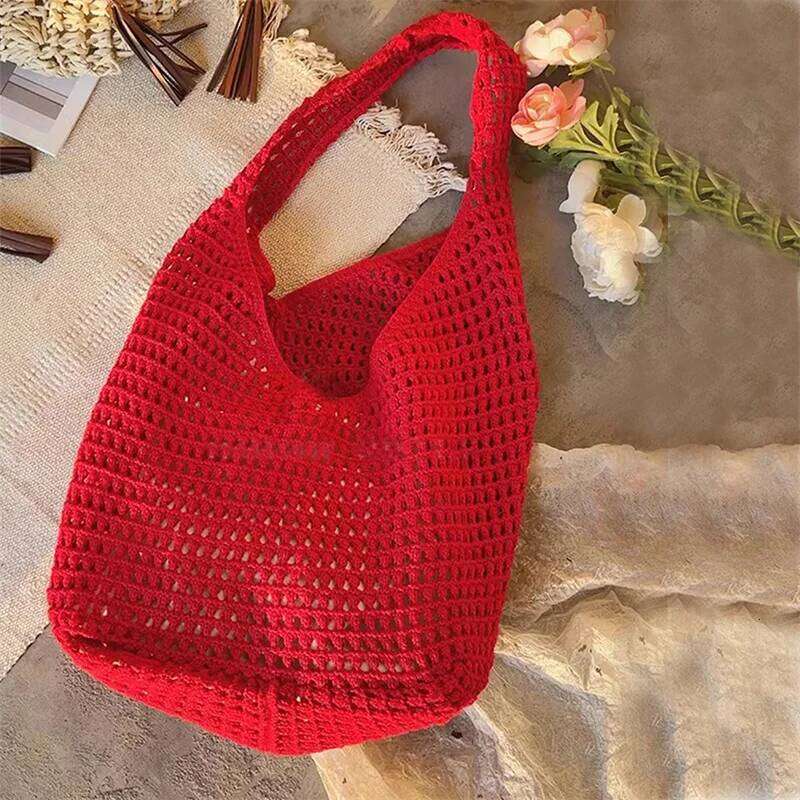 Women's Large Capacity Knitting Shoulder Solid Crochet Tote Handbag Mesh Beach Hobo for Summer Underarm Bag XJ260306