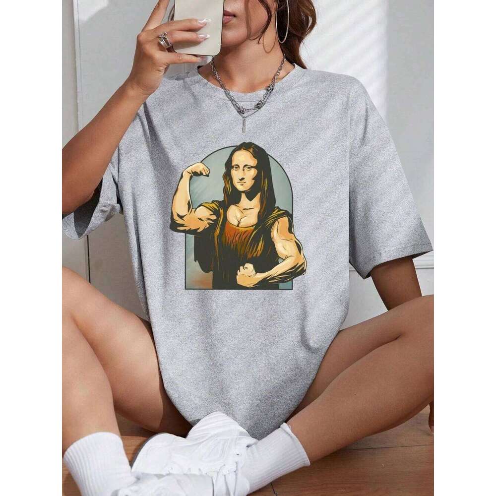Playing Pranks On Mona Lisa Fitness Print Womens T Shirt Oversized T-Shirt Casual Short Sleeve Cotton Loose Tshirt XJ260306