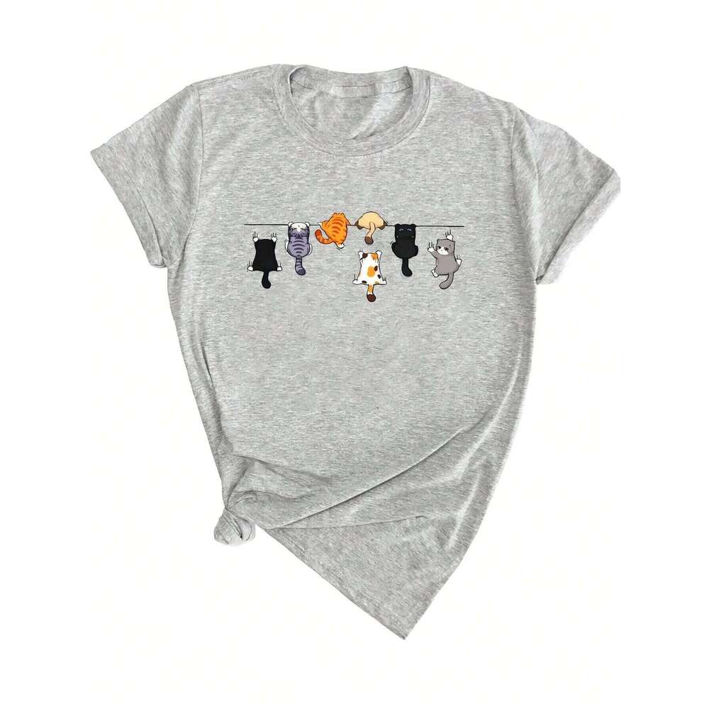 Women's Cute Round Neck Casual T-Shirt White Short Sleeve with Unique Cat Print Clothing Tee Female Tops XJ260306