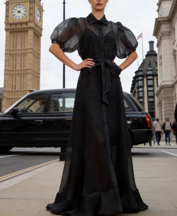 2026 European and A1 American fairy style retro dress with rhinestone semi transparent single breasted loose waistband long skirt