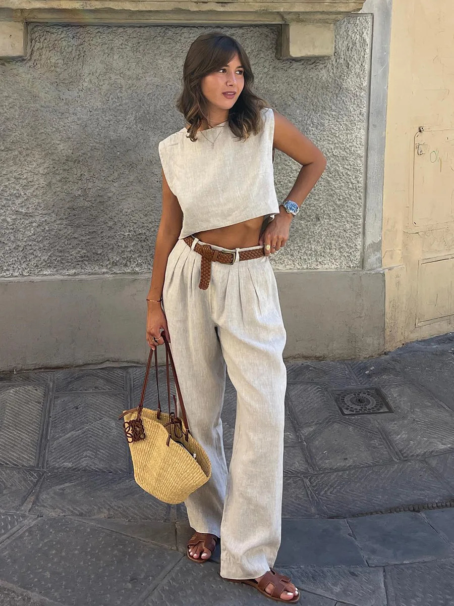 Bornladies Cotton Linen Vest Pants Set Womens Summer Office Lady Chic Short Vest Casual 2-Piece Set Female Long Pants Suits 260304