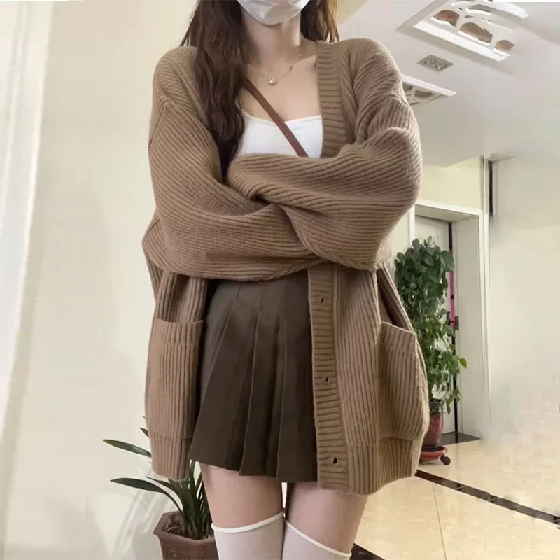 Korean version V-collar lazy wind cardigan Japanese department simple sweater female spring and autumn winter casual loose knit 260305