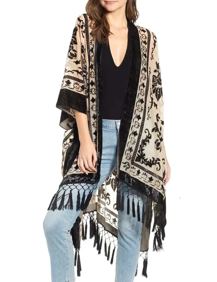 MJSERECA Bohemian Fashion women burnt plush kimono long cardigan with tassel beach coverup Holiday Casual Cardigan Shawl 260228