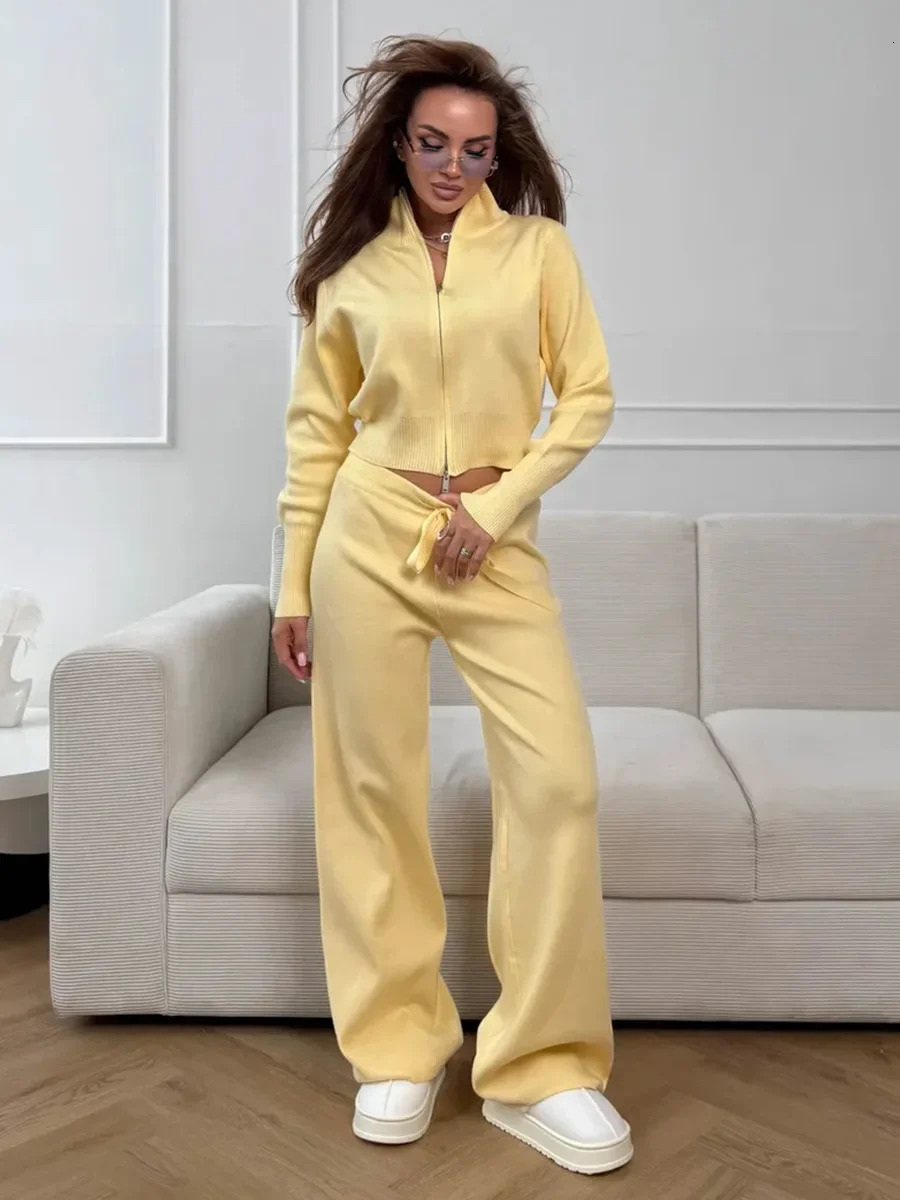 Wolfeel Autumn Winter Zip Up Knit Pants Set Womens Trendy Slim Fit Cardigan Chic Commuting Sweater Outfit 260306