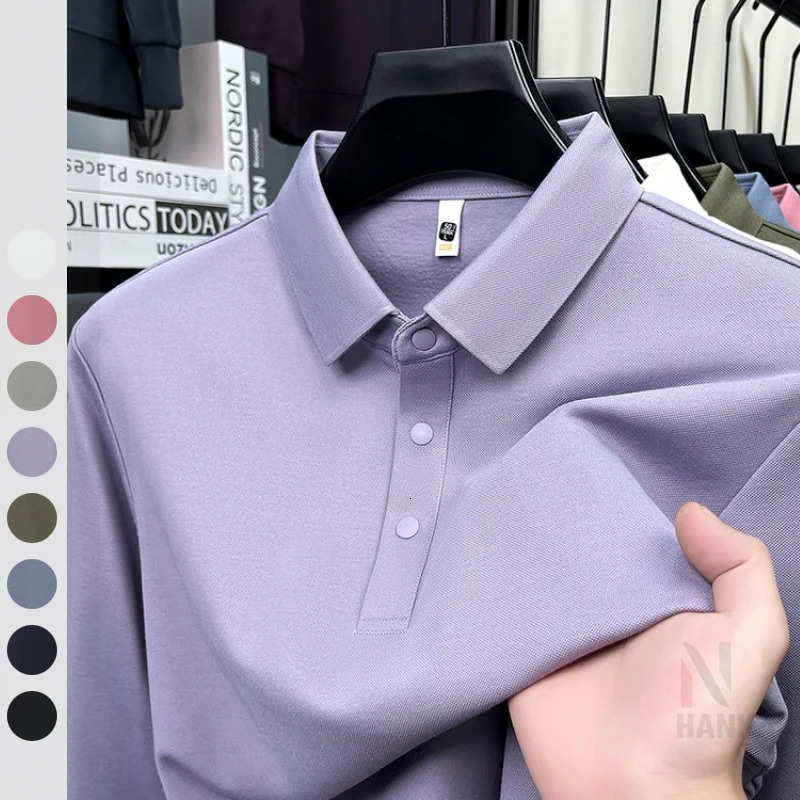 Mens Wool Blend Long Sleeve Polo - Light Blue White/Black/Olive Green Wool Mulberry Silk Breathable Comfort Fit 260305