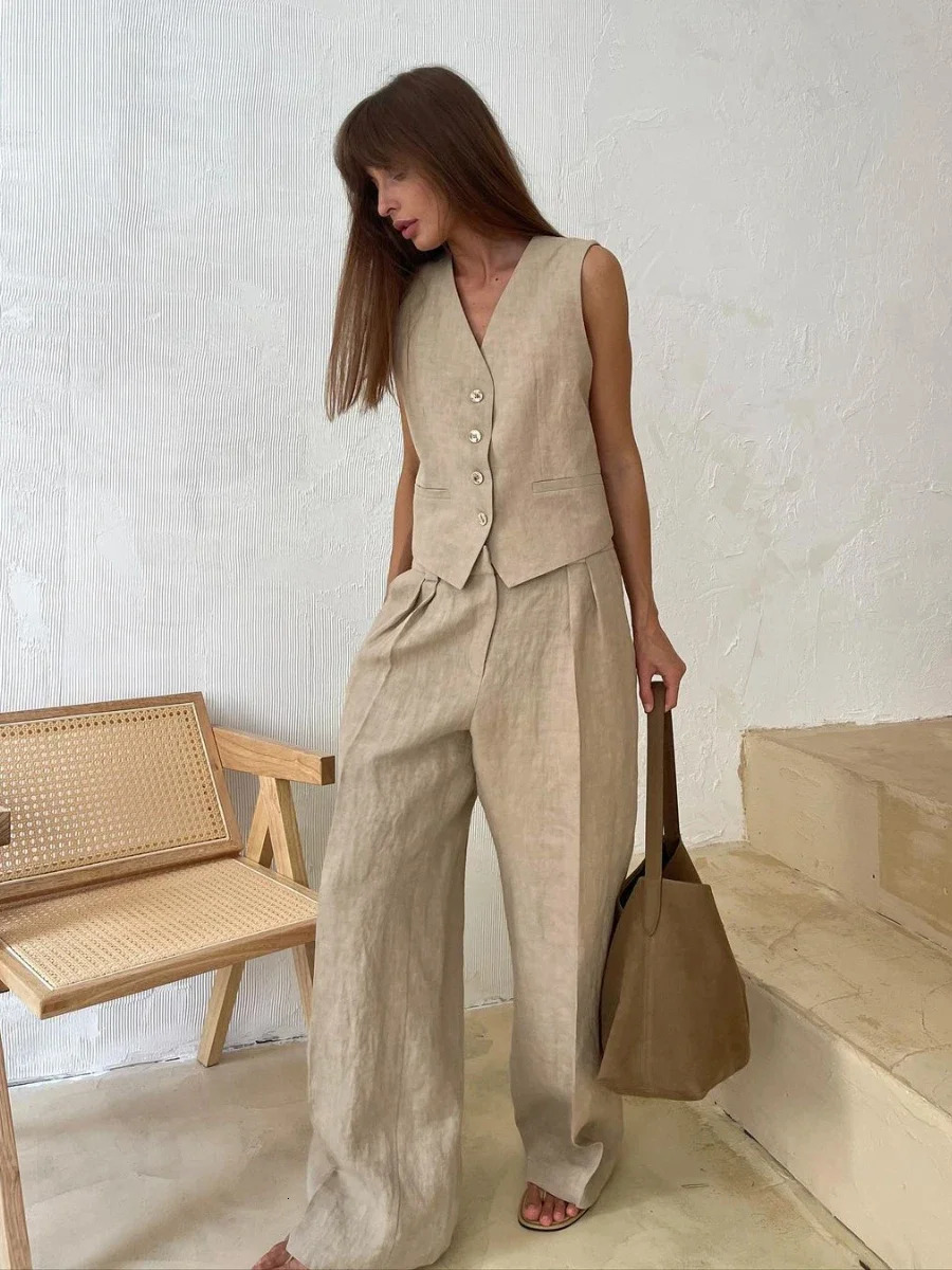 Bronladies Womem Linen Cotton Chic Vest Pants Suit Two-Piece Set Office Ladies Summer Chic 2 Piece Sets Womens Outfits 260304