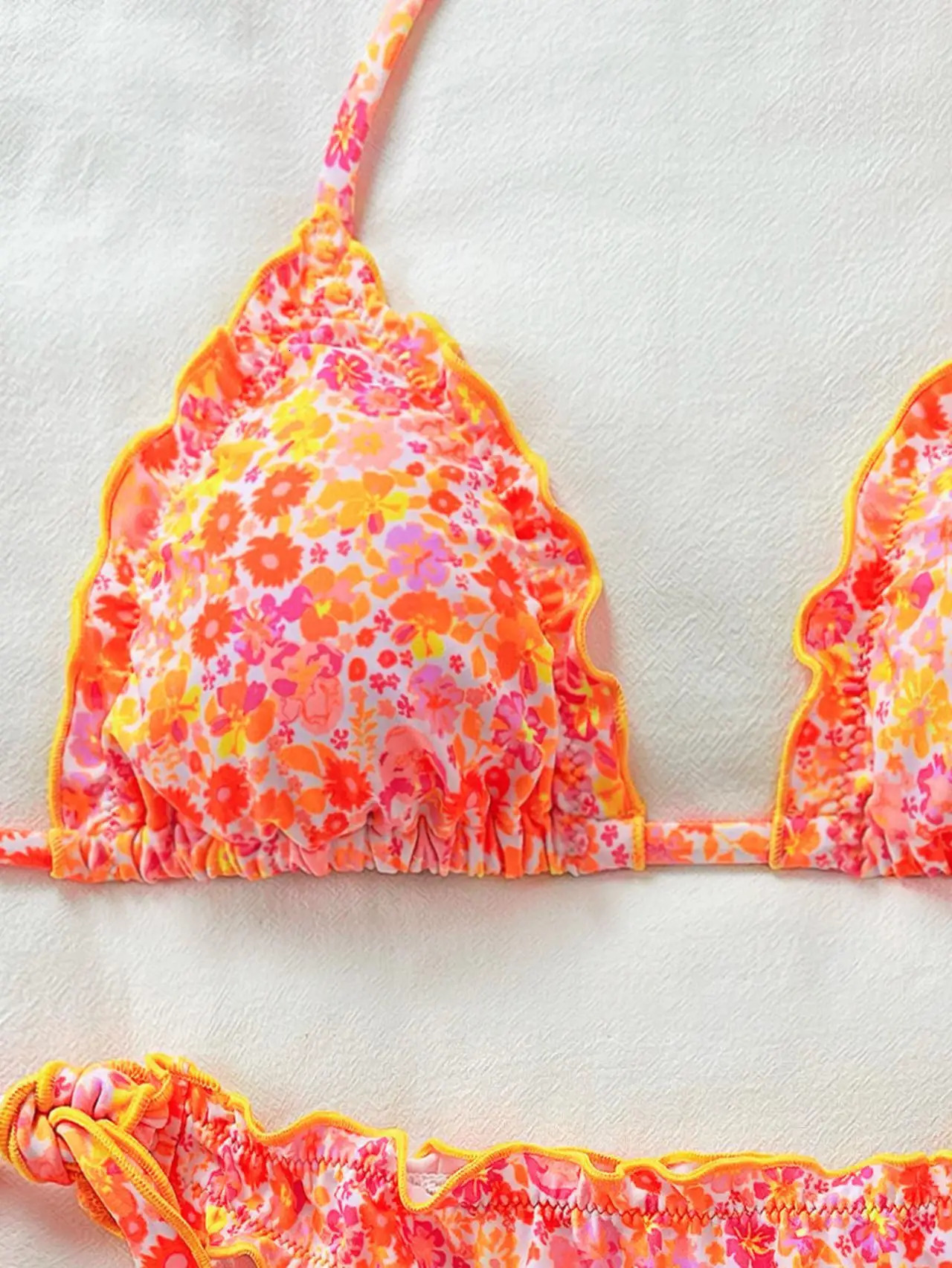 Cute Orange Floral Print Bikini Set Women Halter Ruffles Push Up Tie Side Thong Swimsuit 2026 Summer Bathing Suit Micro Swimwear 260306