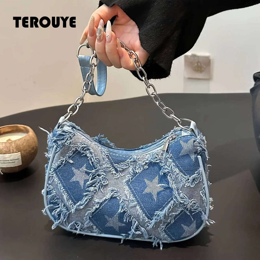 Women's Tote With Star Pattern Blue Distressed Golden-Tone Hardware Stylish Handbag Shoulder Bag For Everyday Use TEROUYE