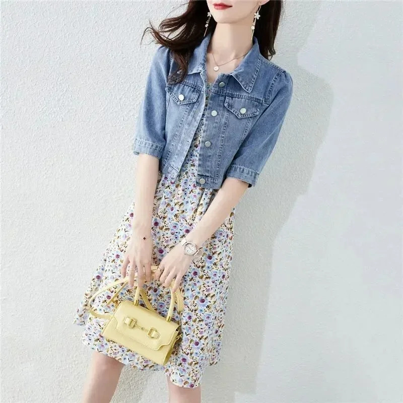 Vintage Crops Trendy Turn Down Collar Jackets Women Basic Solid Outwear Half Sleeve Denim Fit Harajuku Street Denim Jacket Women 260306