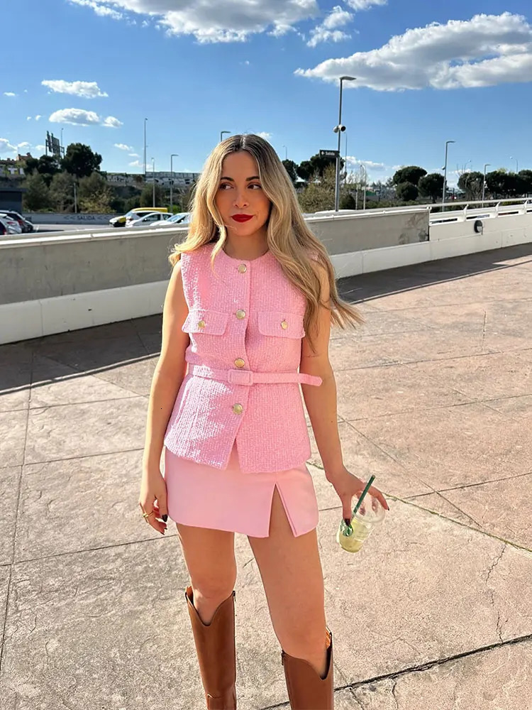 HH Women Elegant Solid Belt Vests Tops O Neck Metal Button Sleeveless Waistcoat Office Lady Outerwear Casual Blazer 260306