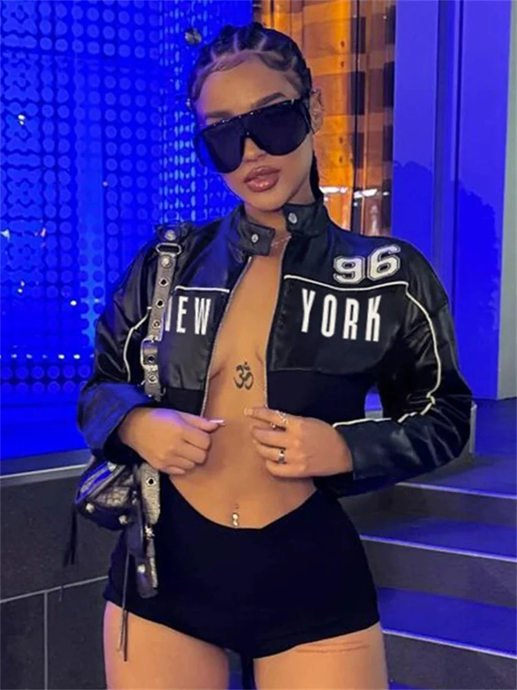 kliou Letter PU Patchwork Women Coats Hipster Button Zip-up Full Sleeve Crop Jackets Trend Cool Street Outwear Spring 260306