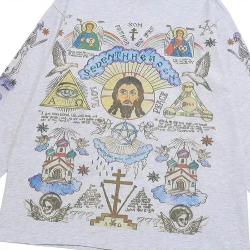 Men Retro Streetwear T Shirt Gods Graphic Hip Hop T-Shirt Cross Casual Tshirt Long Sleeve Cotton Tops Tees Unisex Hipster Beige 260304