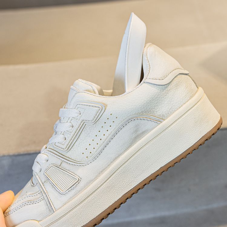 Free Shipping 2026 New Women's Genuine Leather Thick Sole Sneakers, Distressed Lace-Up White Board Shoes Size 35-40