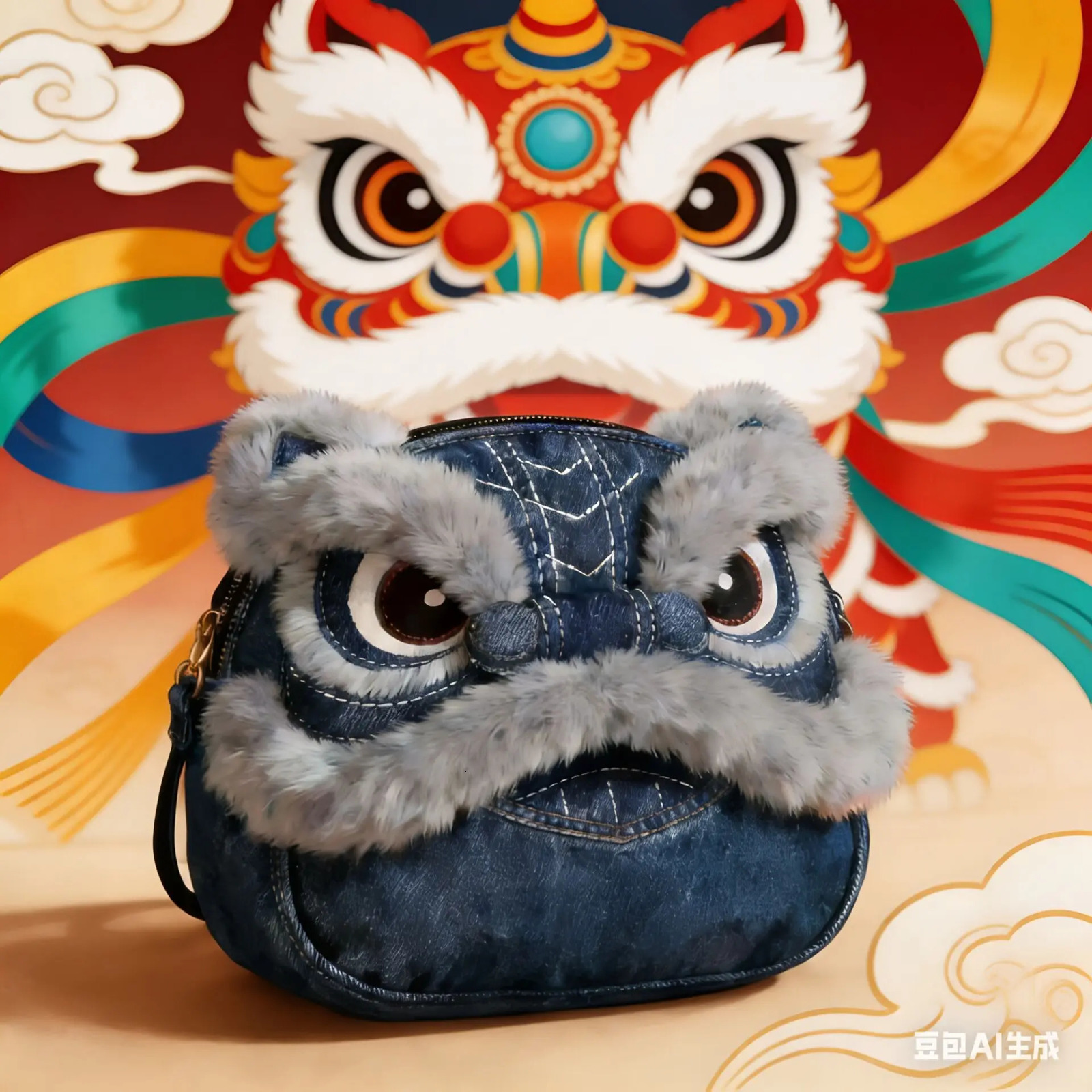 Creative Lion Dance One Shoulder Crossbody Bag Chinese Style Ethnic Denim Cartoon Gift Years 260307