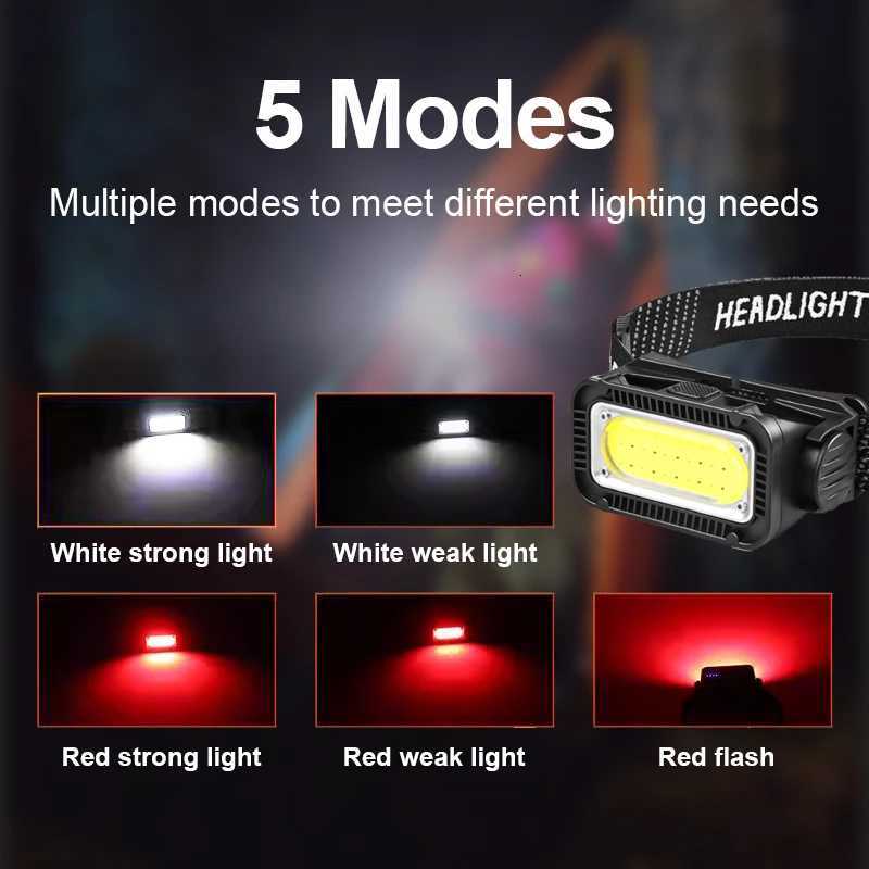 Portable Strong Light Sensor Head Flashlight White/Red Light Rechargeable Waterproof Headlight Led Head Lantern Fishing Camping H260307