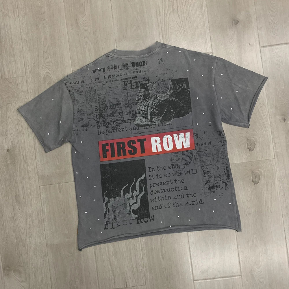 Streetwear Vintage Washed Diamond Cropped Tee for Men Crew Neck Short Sleeve Loose Cotton Rhineston Tshirts Oversized 260304