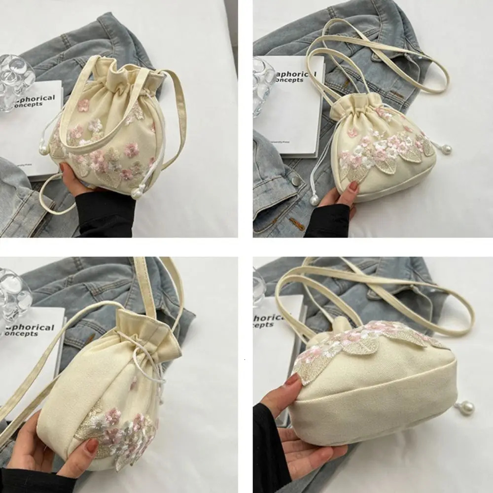 Ethnic Style Hanfu Drawstring Bag Chinese Crossbody Embroidery Flower Handbag Storage Ancient Floral Bucket 260307