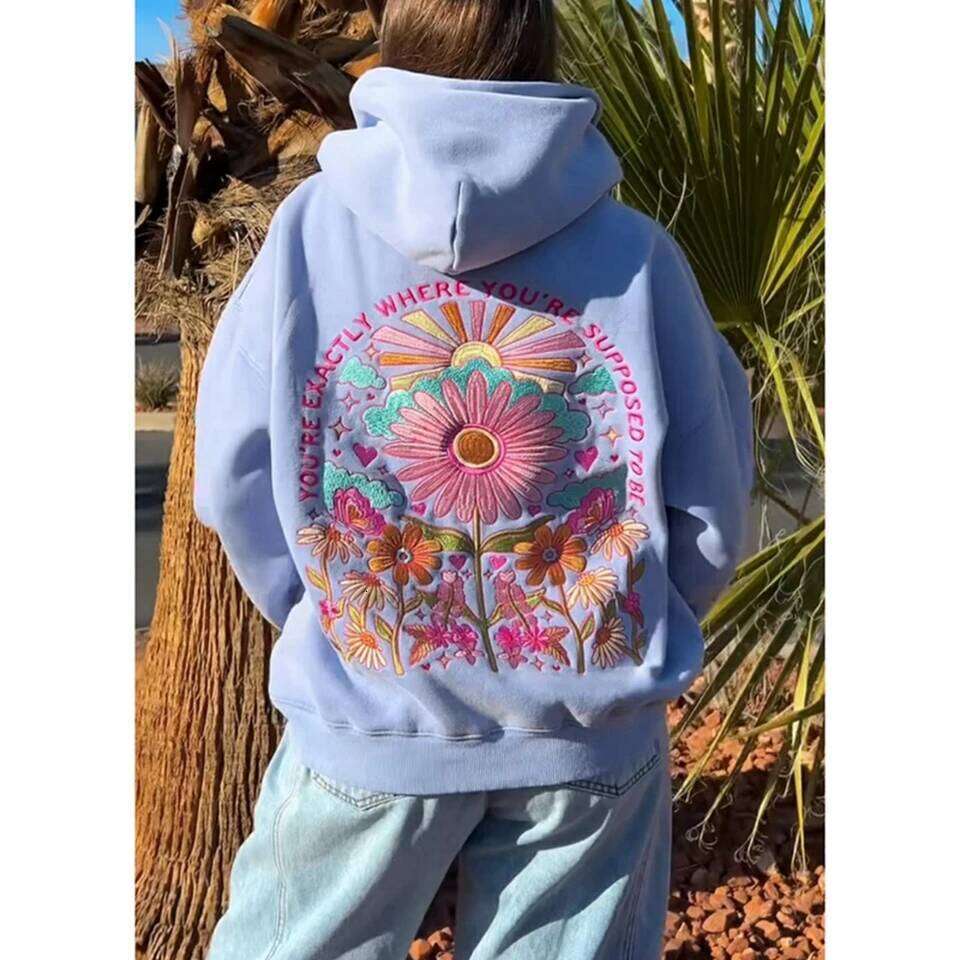 Combhasaki Women's Y2k Floral Letter Embroidered Hooded Pullover Cozy Stylish Long Sleeve Loose Sweatshirts With Kangaroo Pocket Gym Clothing Swe