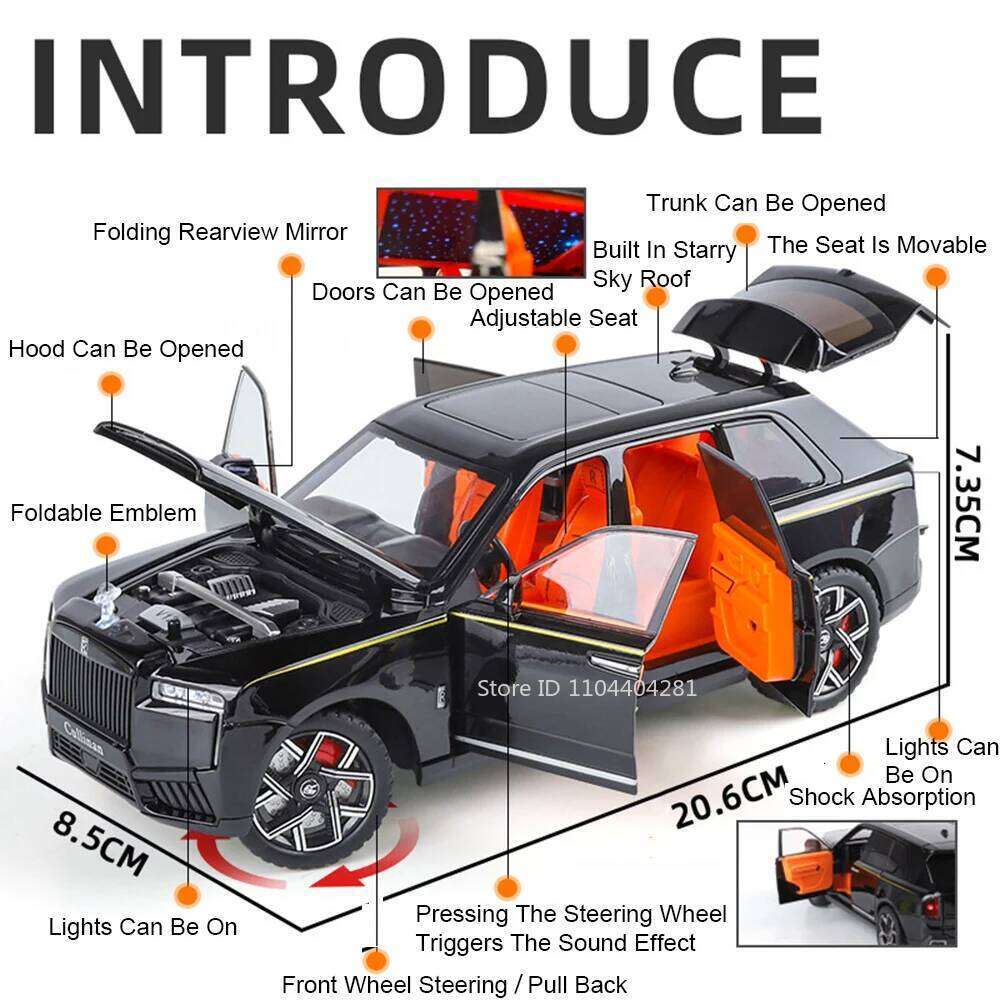1:24 Rolls Royce Cullinan Dawn Diecast Metal Car Model Toy Four Wheel Suspension Sound Light Pull Back Ornament Boyfriend's Gift Z260307